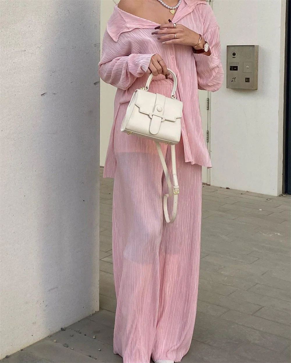 Pliss¨¦ Oversized Long Sleeve Button Down & Pant Set - Image 9