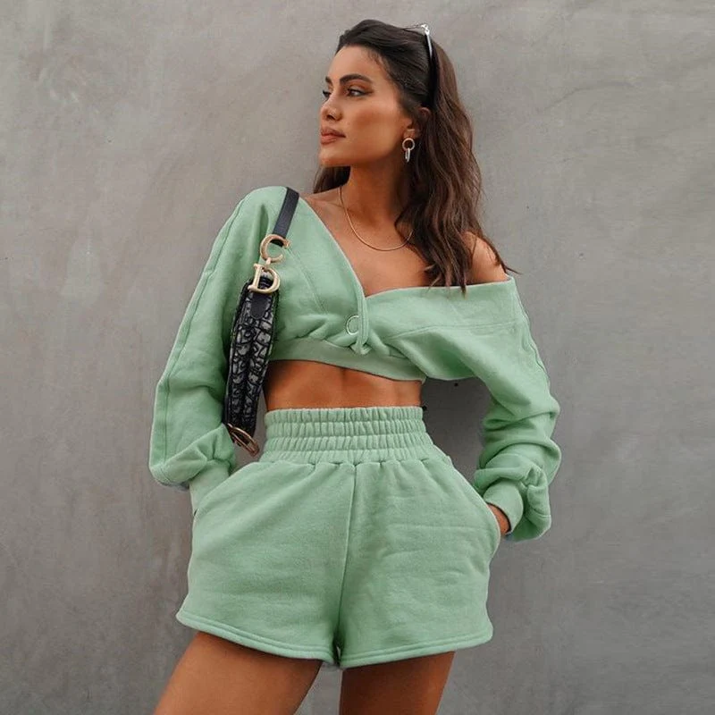 Plunge Long Sleeve Cropped Long Sleeve & Short Set - Image 4