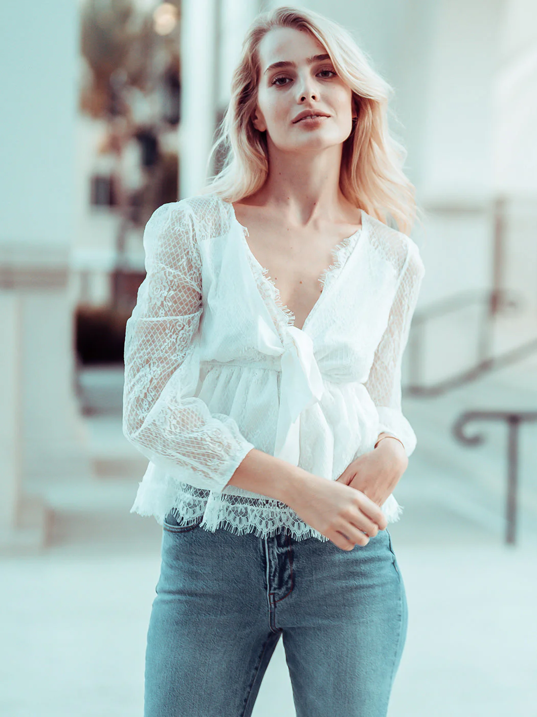 Plunge Neck Lace Detail Blouse - Image 2