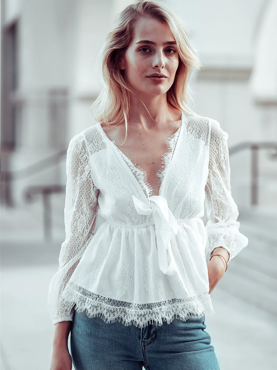 Plunge Neck Lace Detail Blouse - Image 3