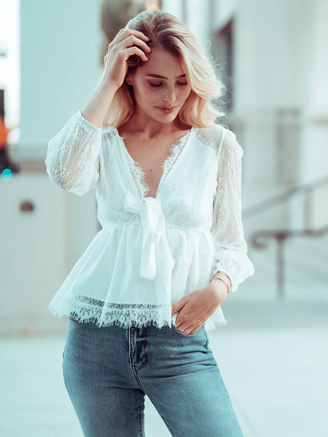 Plunge Neck Lace Detail Blouse - Image 5
