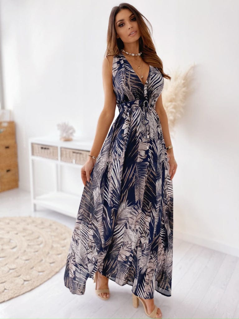 Plunge Neck Leaf Print Dress