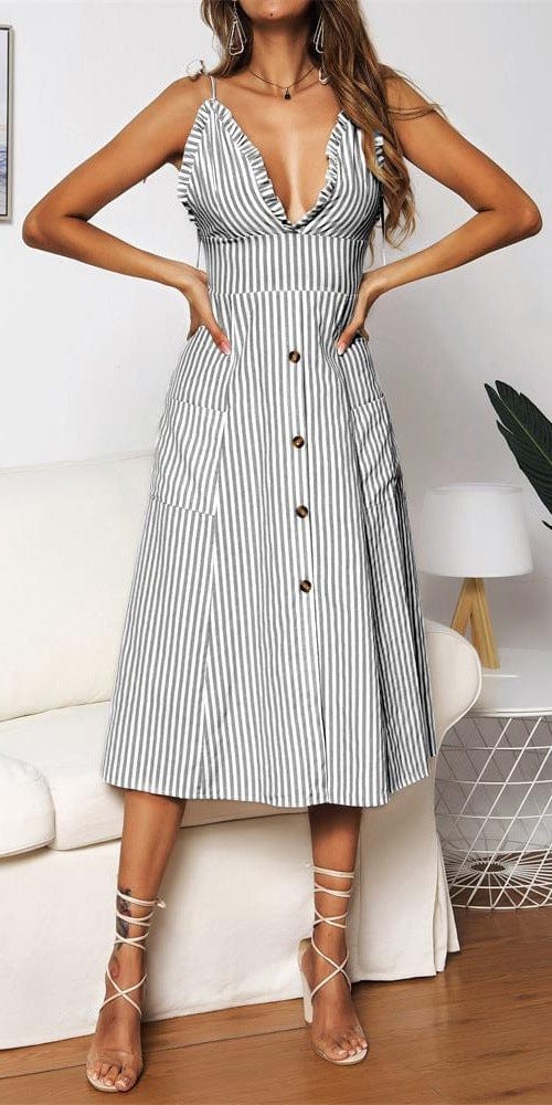 Plunge Neck Nautical Striped Dress - Image 2