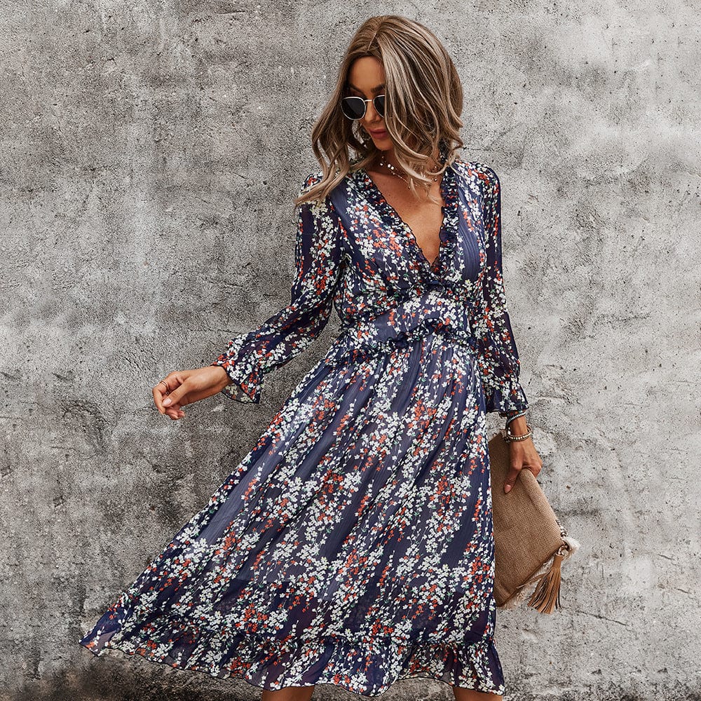 Plunge Neck Ruffle Detail Dress