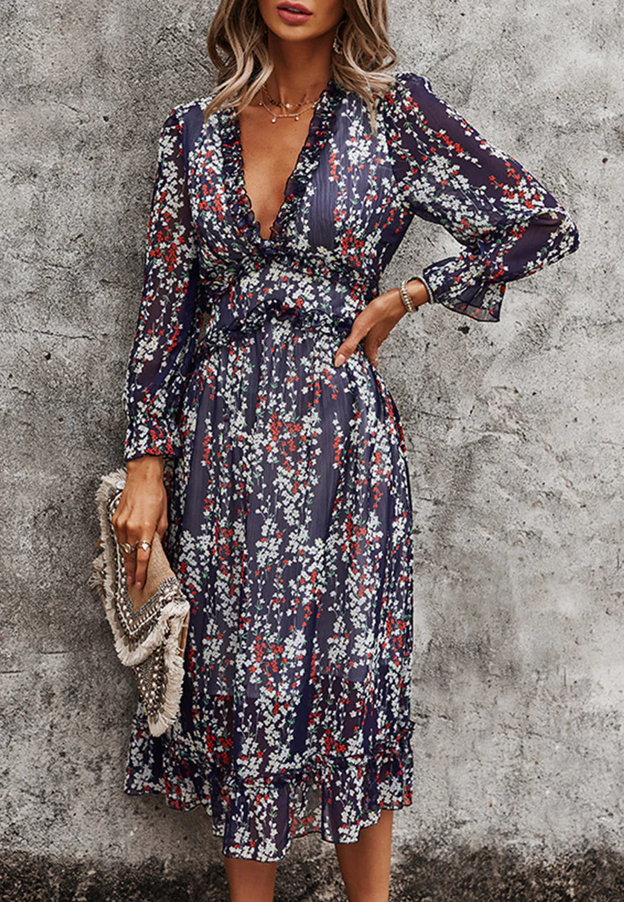 Plunge Neck Ruffle Detail Dress - Image 13