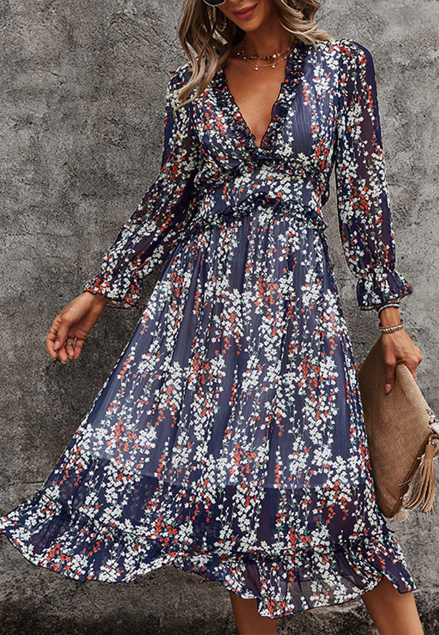 Plunge Neck Ruffle Detail Dress - Image 14