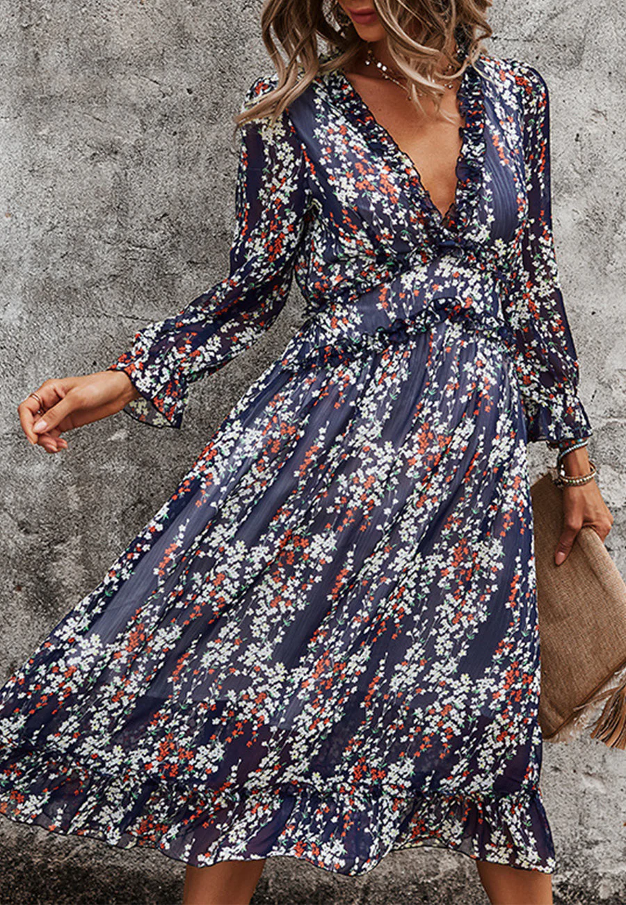 Plunge Neck Ruffle Detail Dress - Image 15
