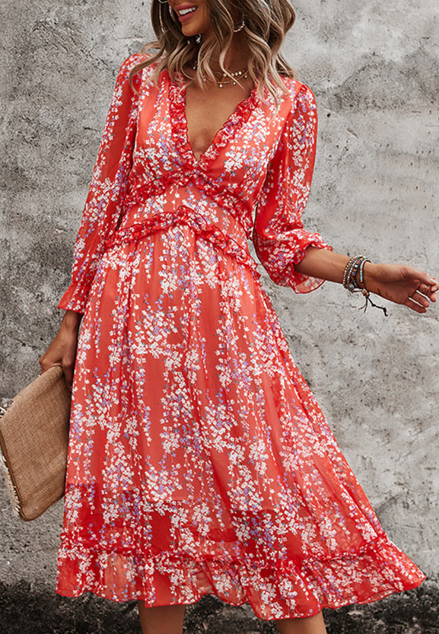 Plunge Neck Ruffle Detail Dress - Image 19