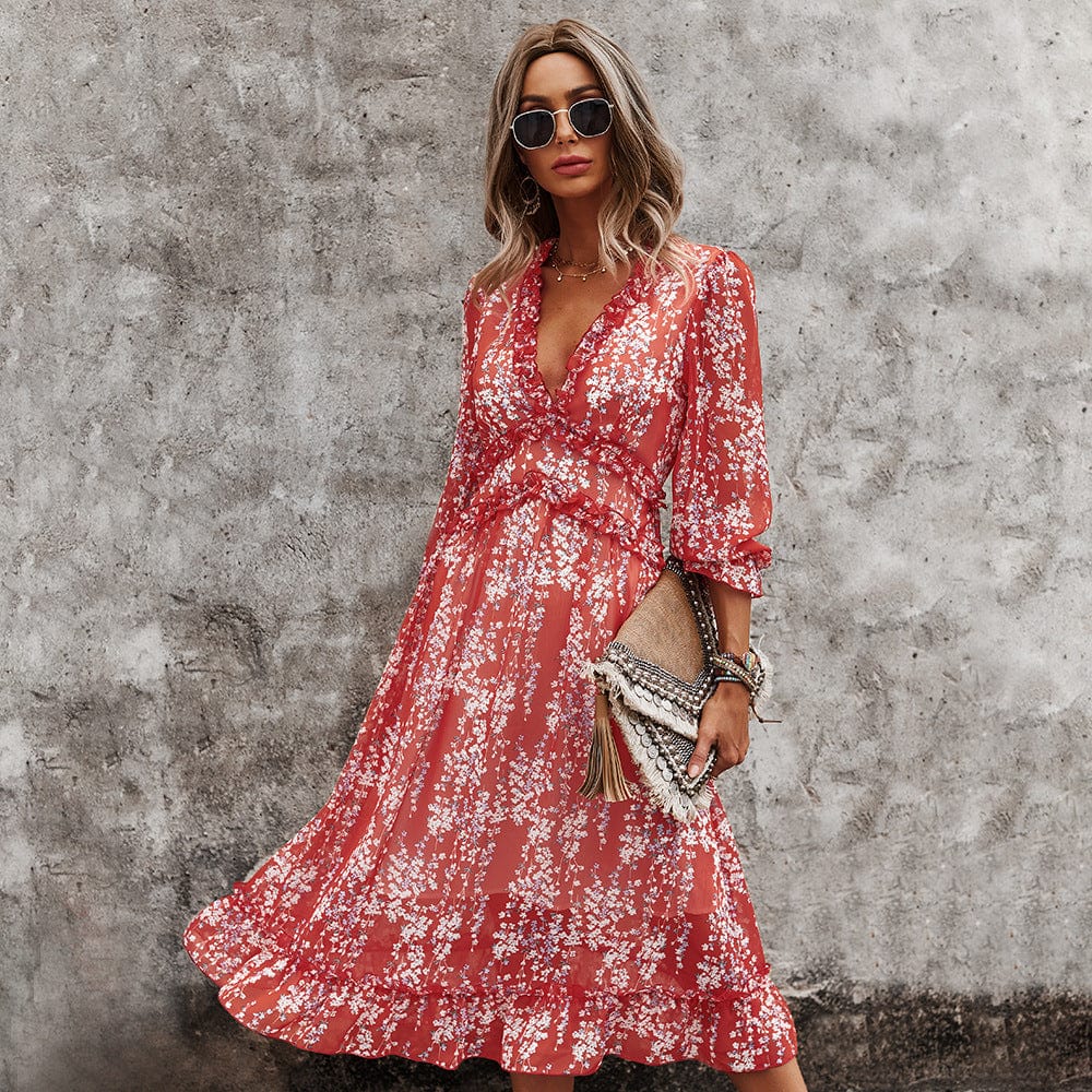 Plunge Neck Ruffle Detail Dress - Image 2