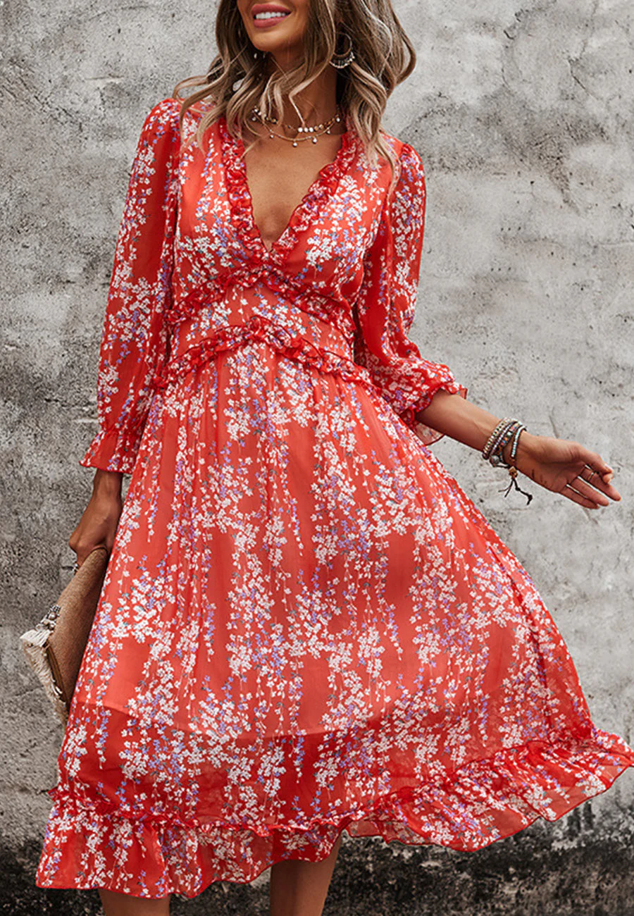 Plunge Neck Ruffle Detail Dress - Image 20
