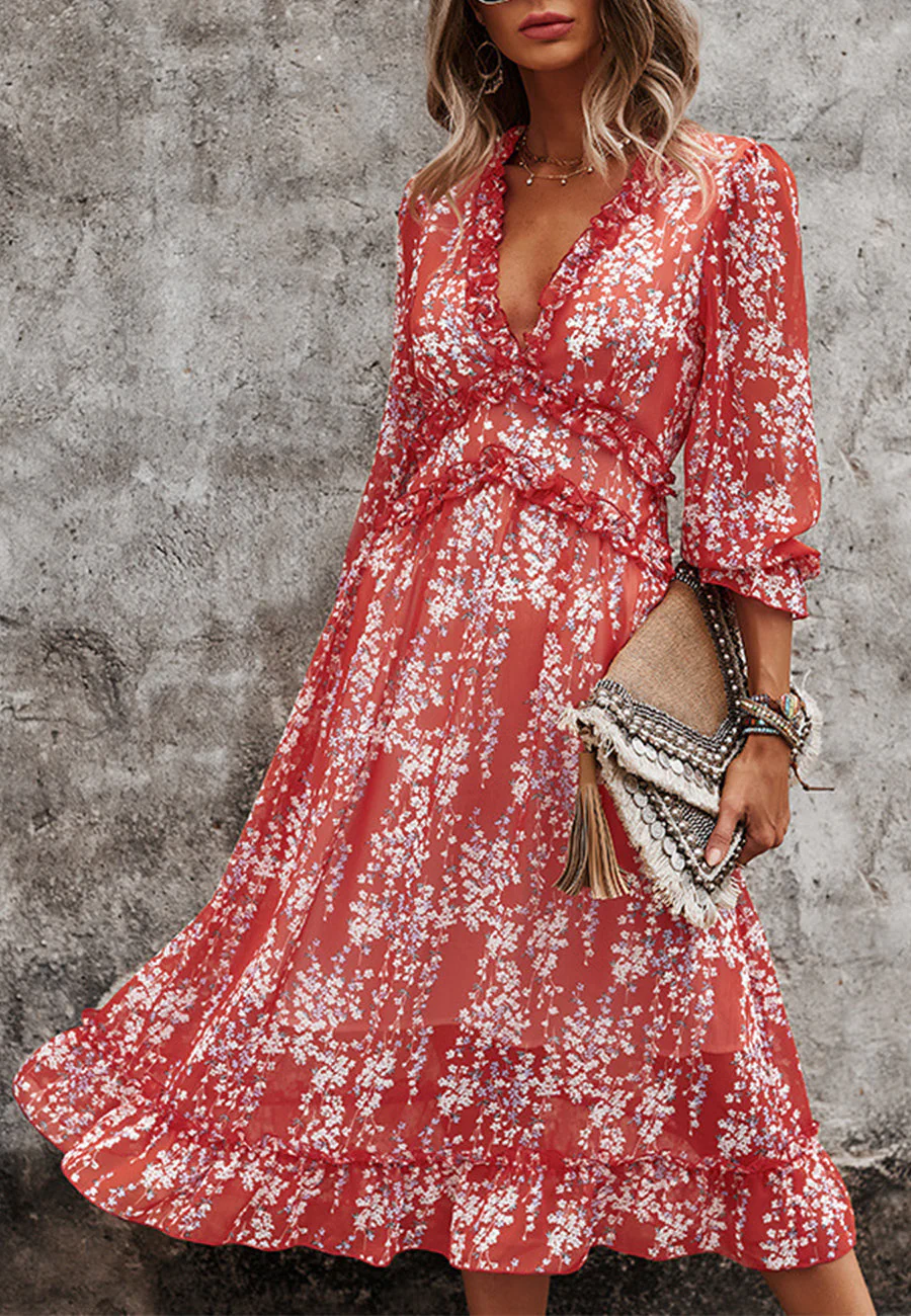Plunge Neck Ruffle Detail Dress - Image 5