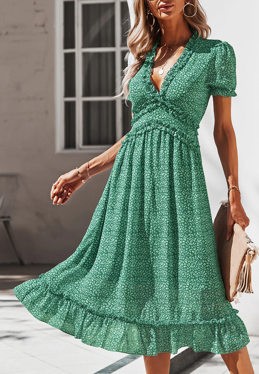 Plunge Neck Ruffle Detail Leopard Dress - Image 13