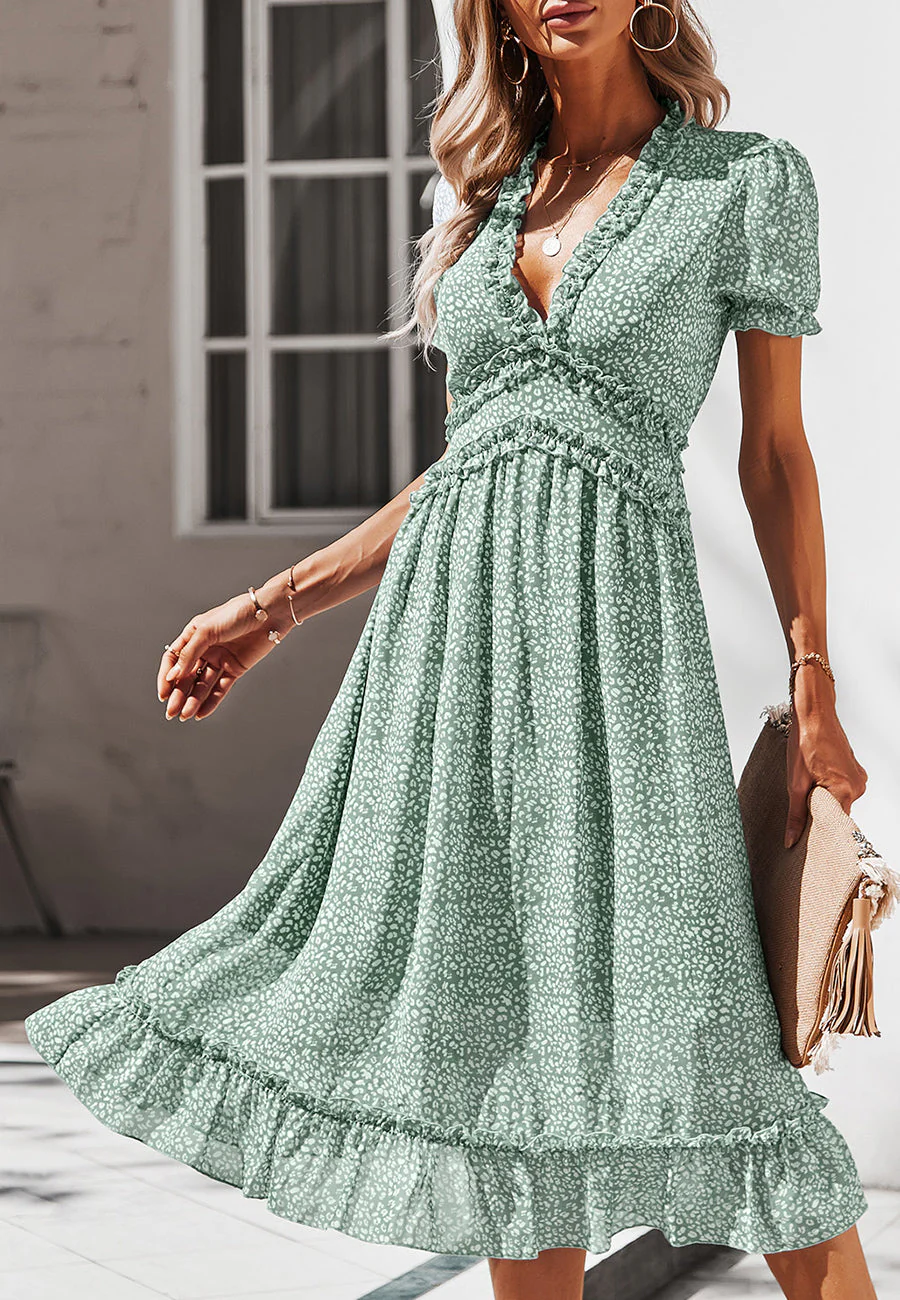 Plunge Neck Ruffle Detail Leopard Dress - Image 19