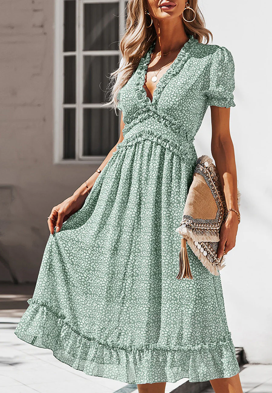 Plunge Neck Ruffle Detail Leopard Dress - Image 22