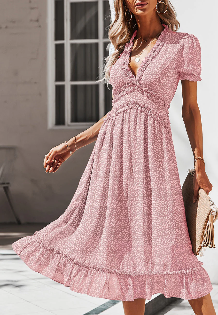 Plunge Neck Ruffle Detail Leopard Dress - Image 24