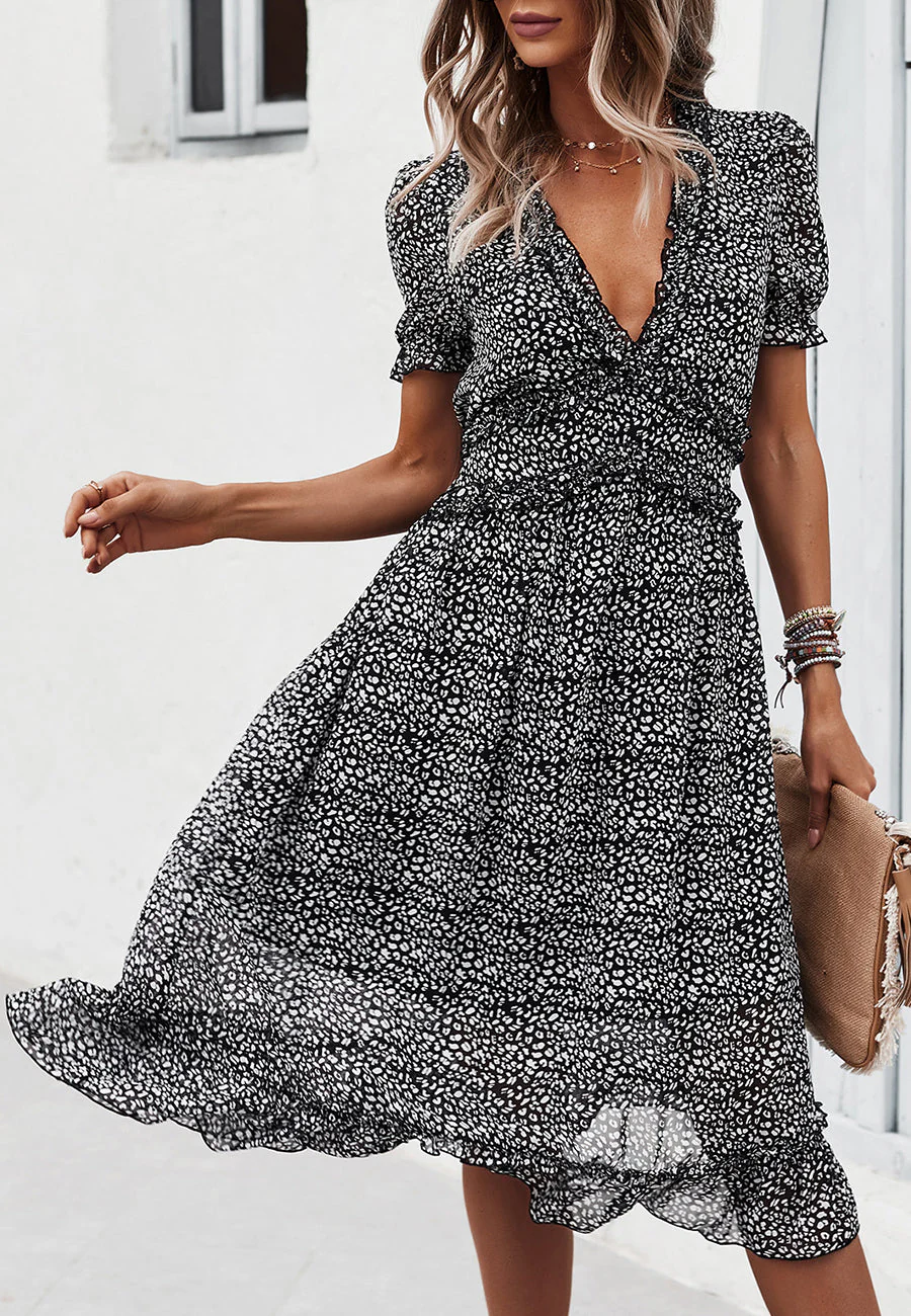 Plunge Neck Ruffle Detail Leopard Dress - Image 4