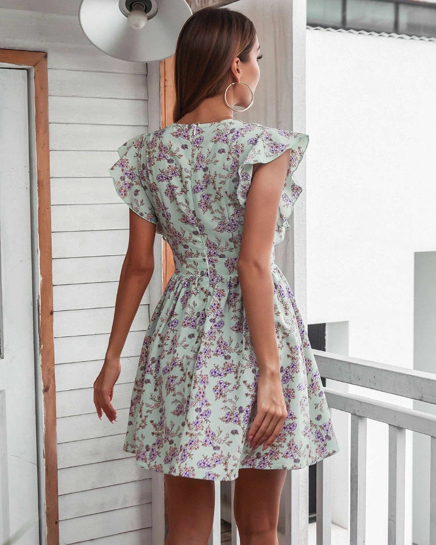 Plunge Neck Ruffle Sleeve Dress - Image 9