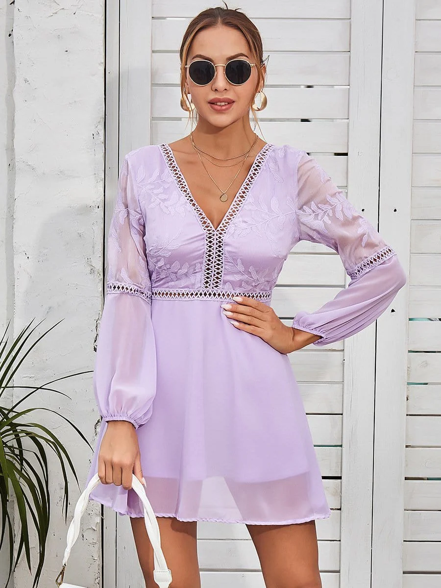 Plunge Neck Sheer Sleeve Dress - Image 10