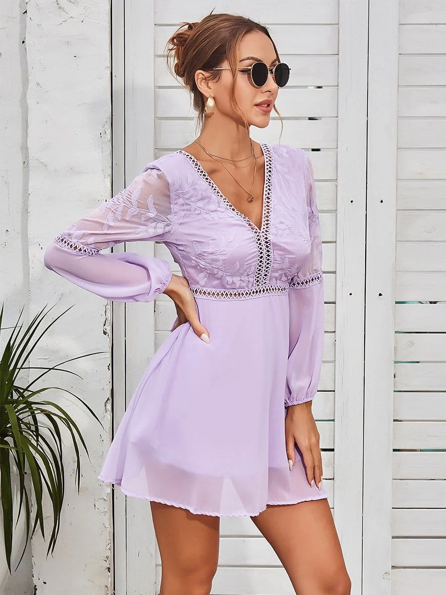 Plunge Neck Sheer Sleeve Dress - Image 11
