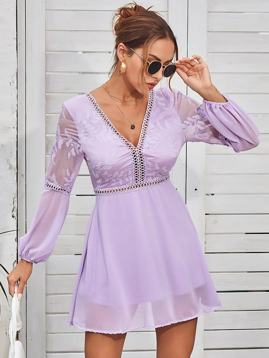 Plunge Neck Sheer Sleeve Dress - Image 12