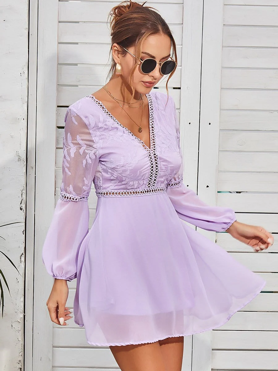 Plunge Neck Sheer Sleeve Dress - Image 13