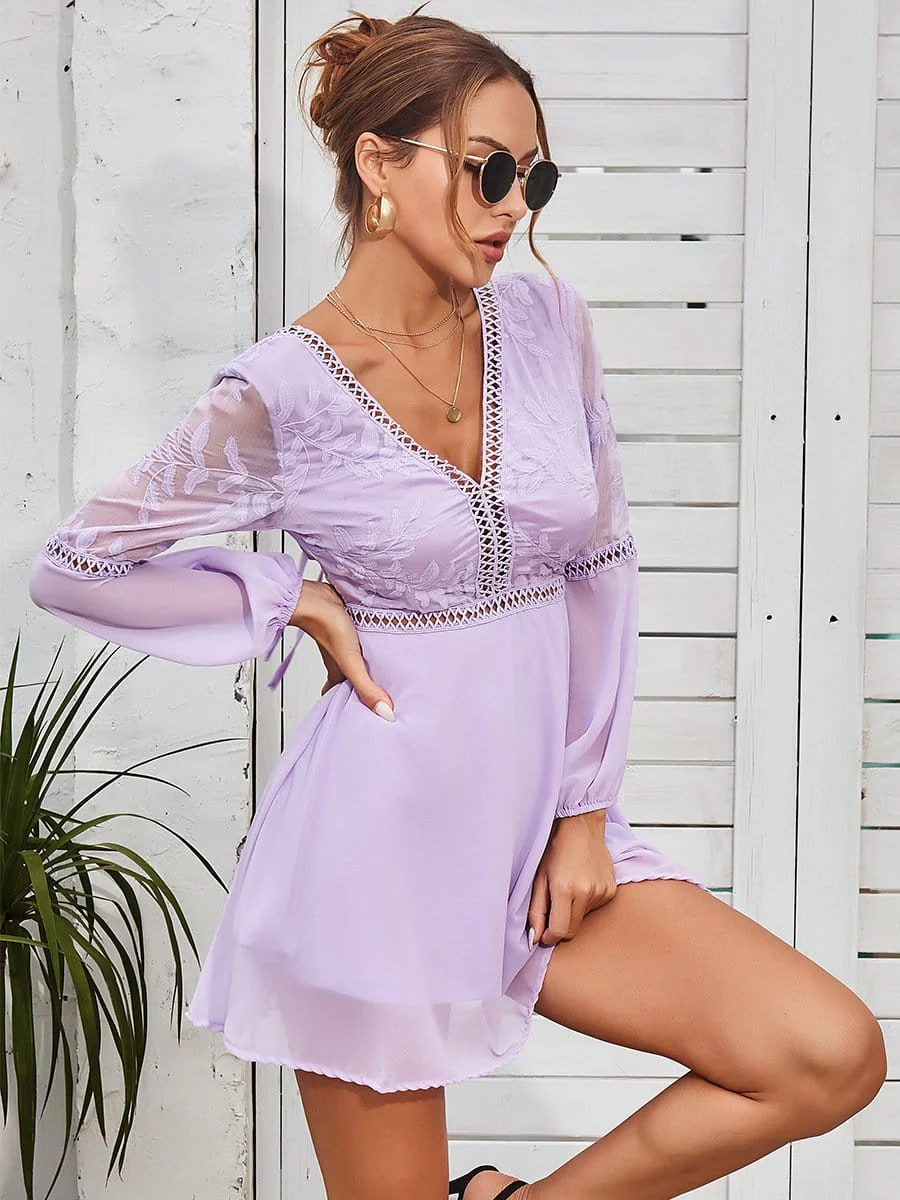 Plunge Neck Sheer Sleeve Dress - Image 14