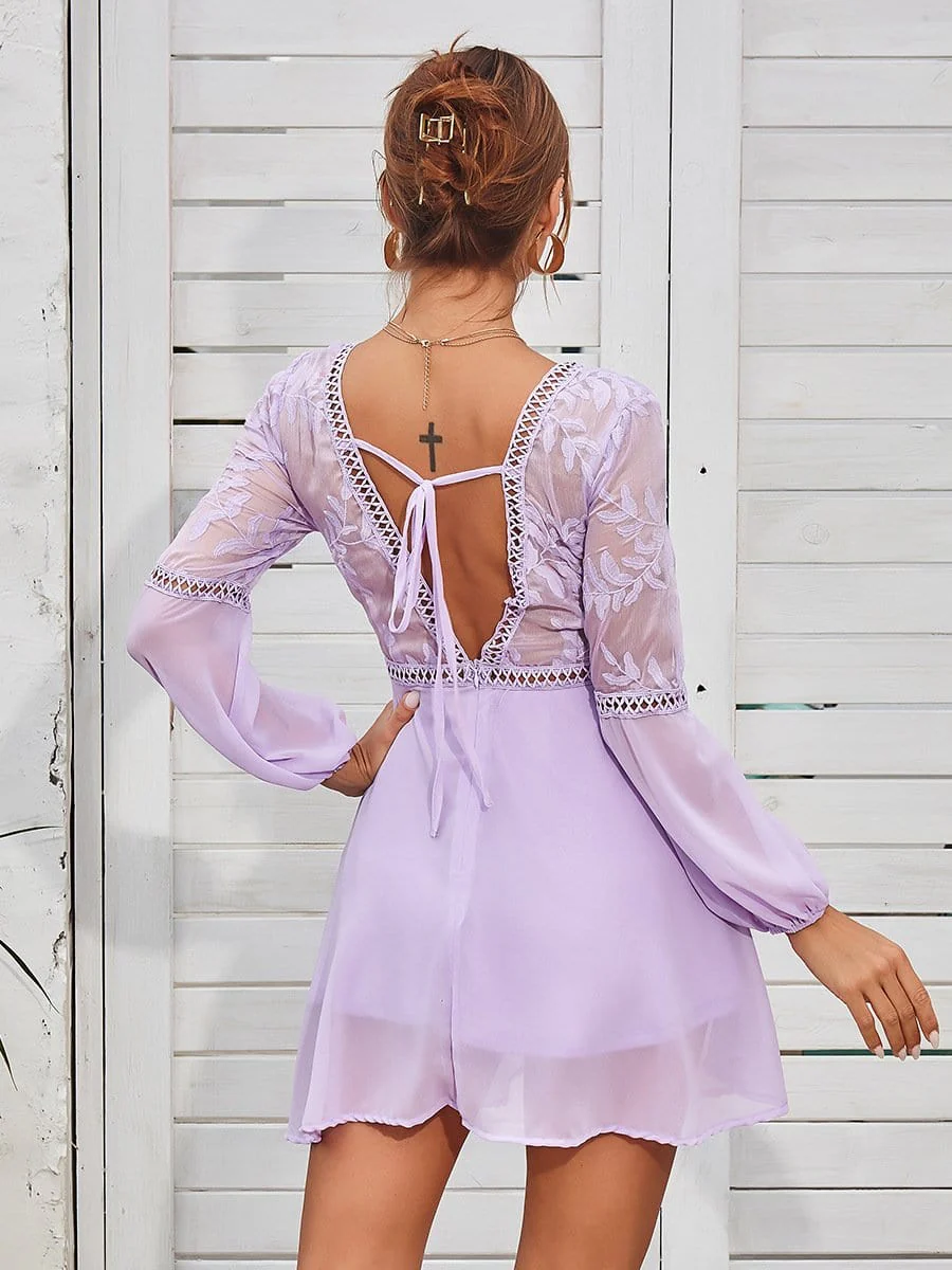 Plunge Neck Sheer Sleeve Dress - Image 15