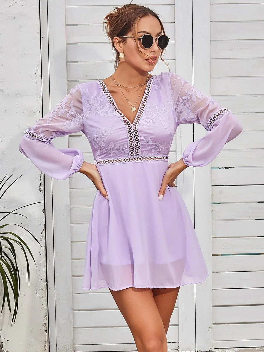 Plunge Neck Sheer Sleeve Dress - Image 21