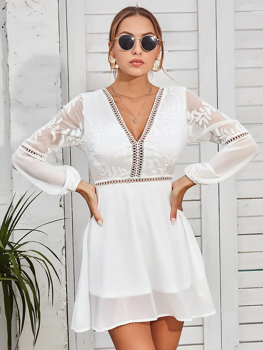 Plunge Neck Sheer Sleeve Dress - Image 6