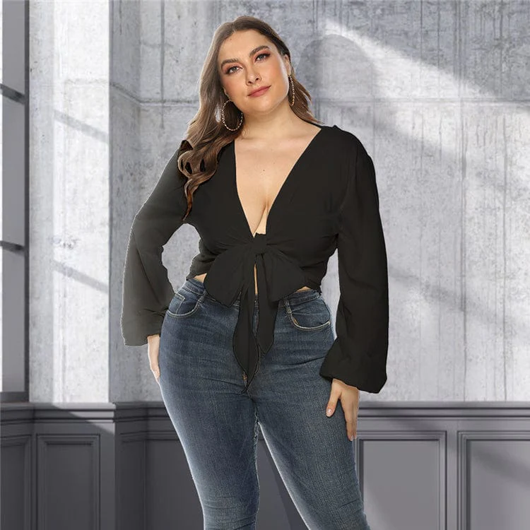Plunge Neck Tie Front Blouse