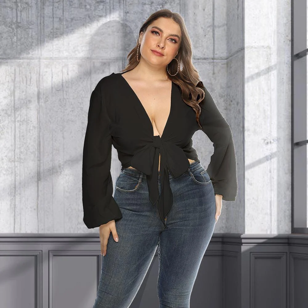 Plunge Neck Tie Front Blouse - Image 2