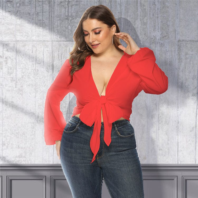 Plunge Neck Tie Front Blouse - Image 3