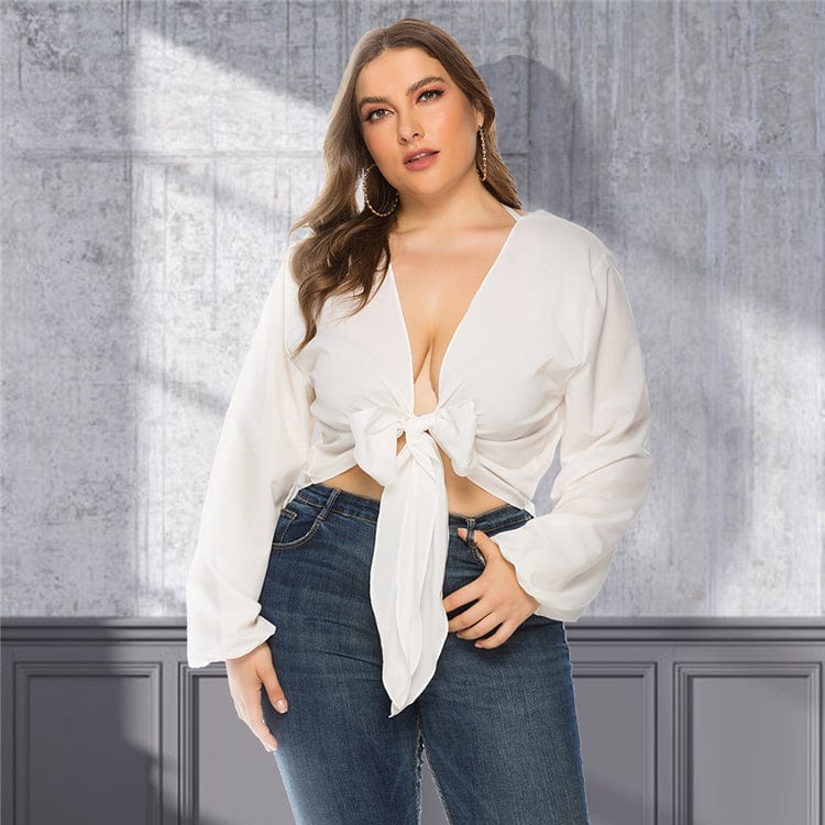 Plunge Neck Tie Front Blouse - Image 5