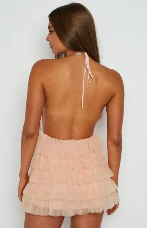 Plunge Neckline Halter Open Back Ruffled Mini Dress - Image 2