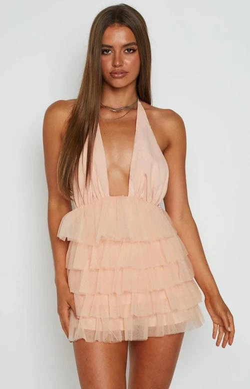 Plunge Neckline Halter Open Back Ruffled Mini Dress - Image 3