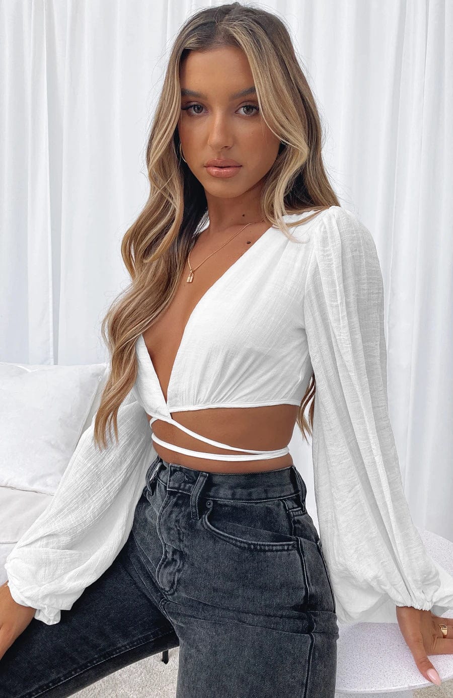 Plunge V-Neckline Puff Sleeve Wrap Top - Image 11