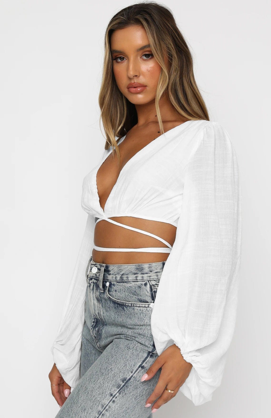 Plunge V-Neckline Puff Sleeve Wrap Top - Image 13