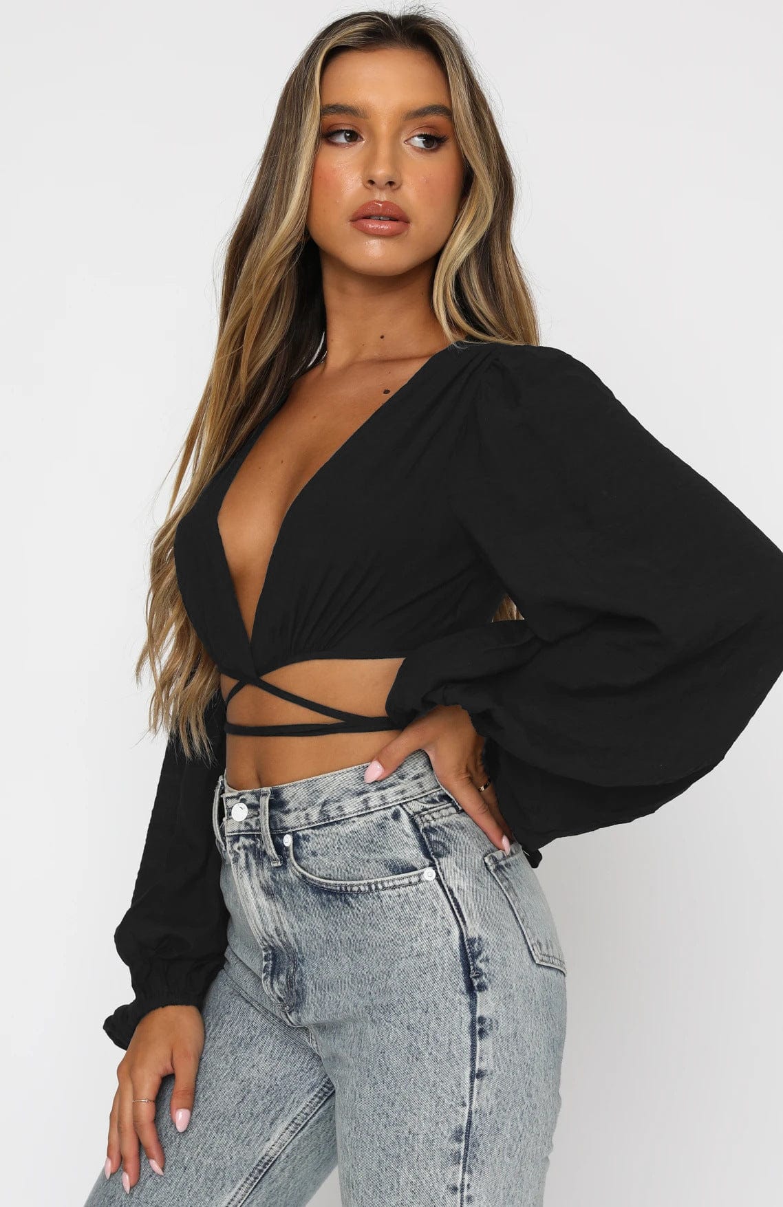 Plunge V-Neckline Puff Sleeve Wrap Top - Image 4
