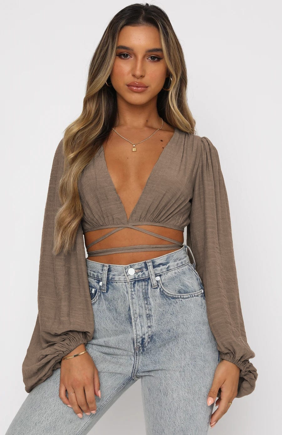 Plunge V-Neckline Puff Sleeve Wrap Top - Image 5