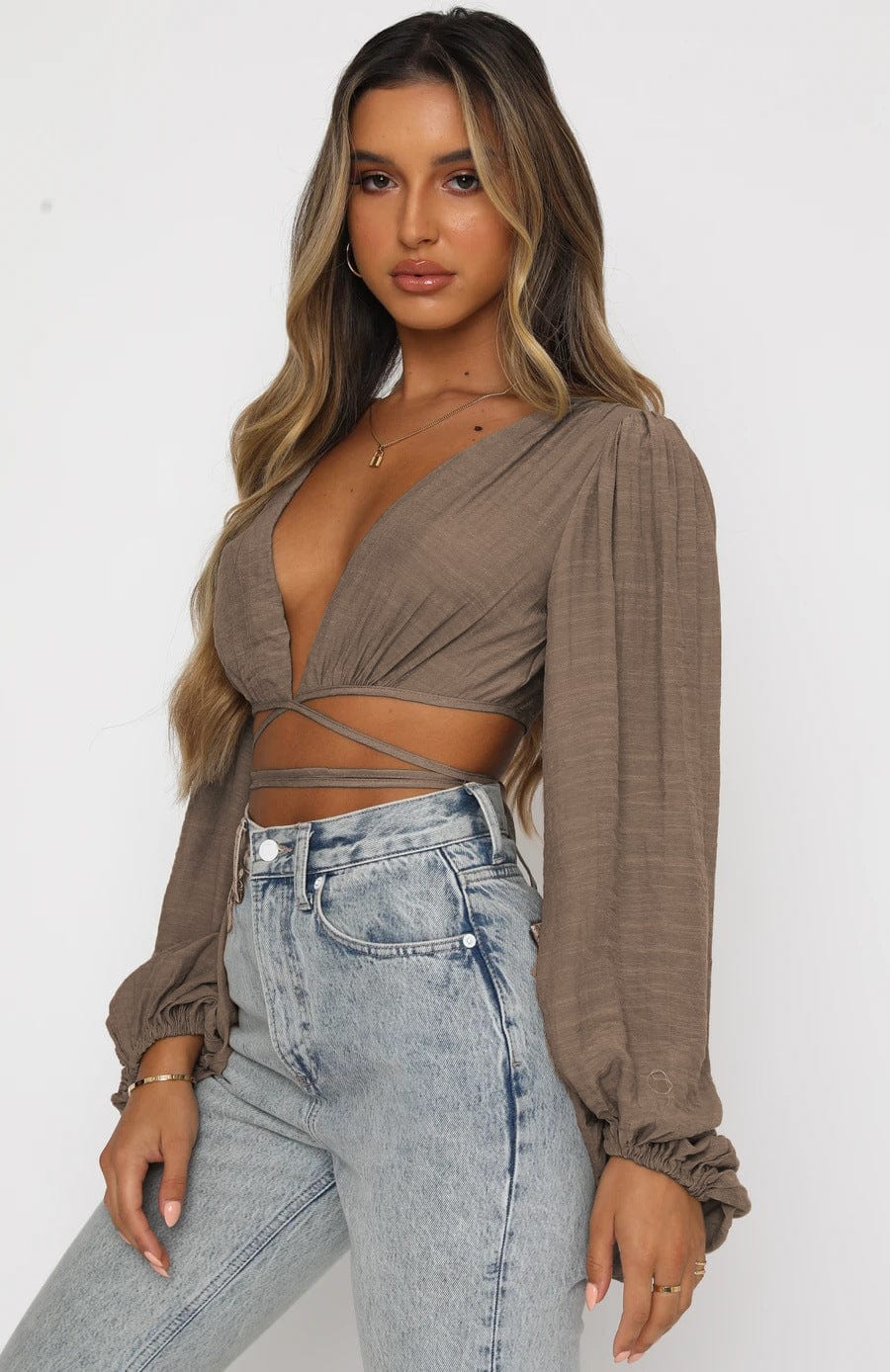Plunge V-Neckline Puff Sleeve Wrap Top - Image 6