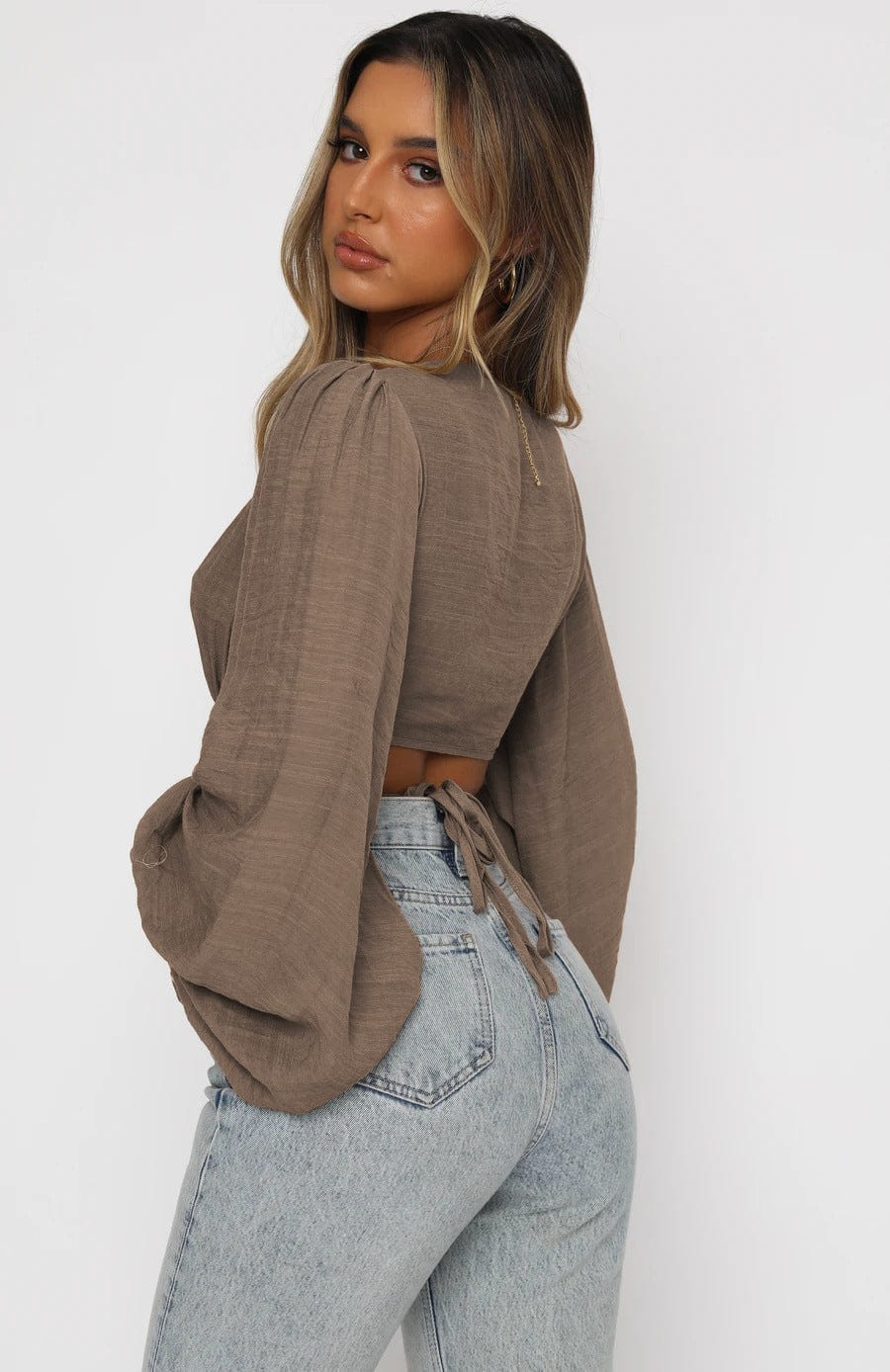 Plunge V-Neckline Puff Sleeve Wrap Top - Image 7