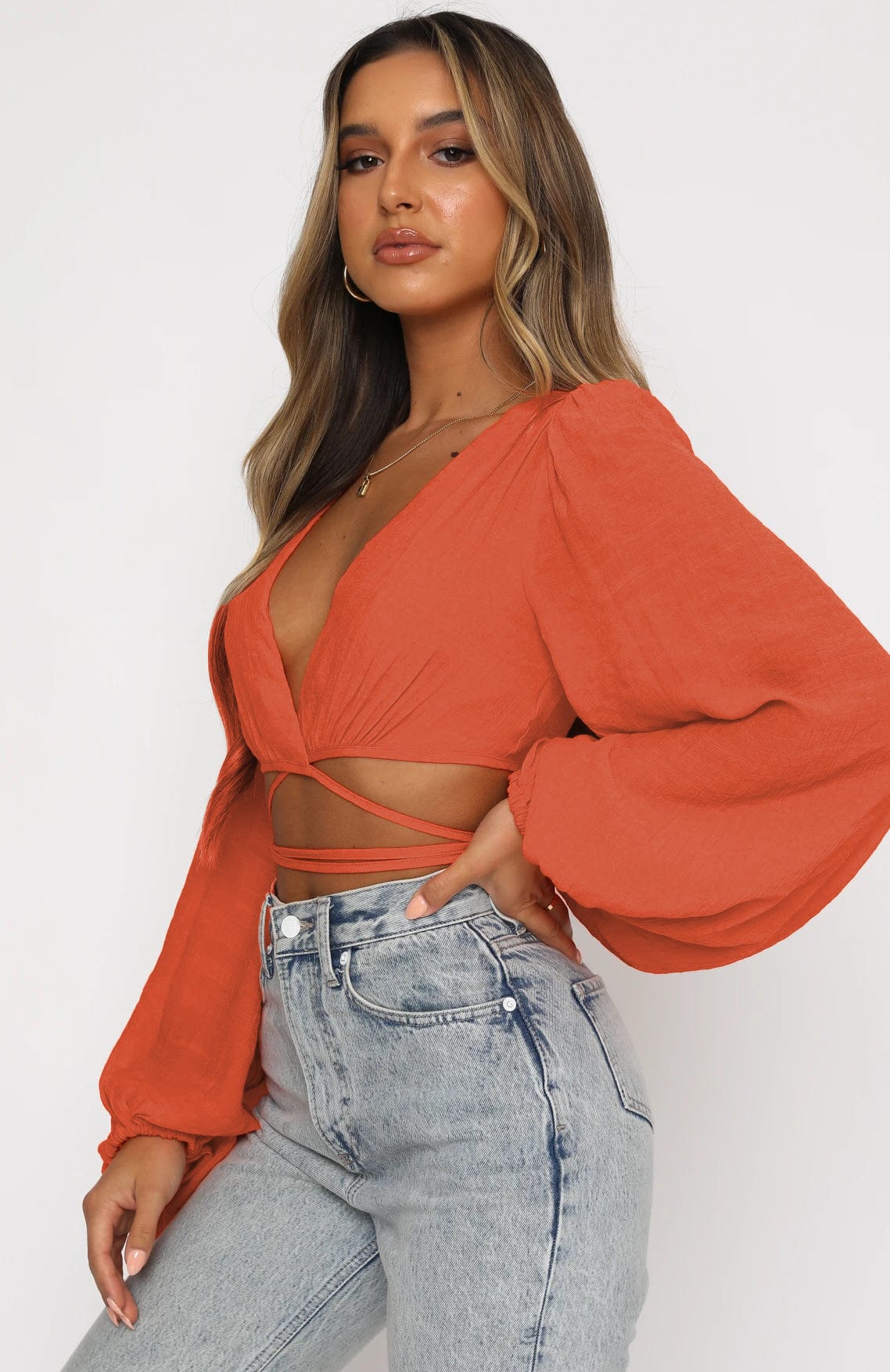 Plunge V-Neckline Puff Sleeve Wrap Top - Image 8