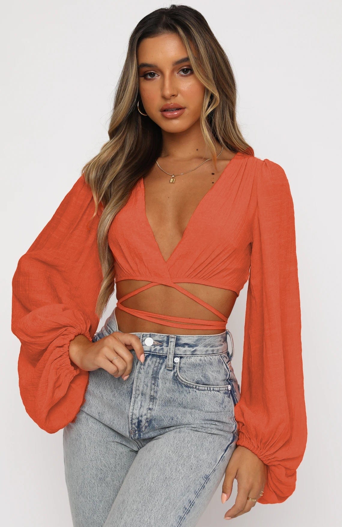Plunge V-Neckline Puff Sleeve Wrap Top - Image 9
