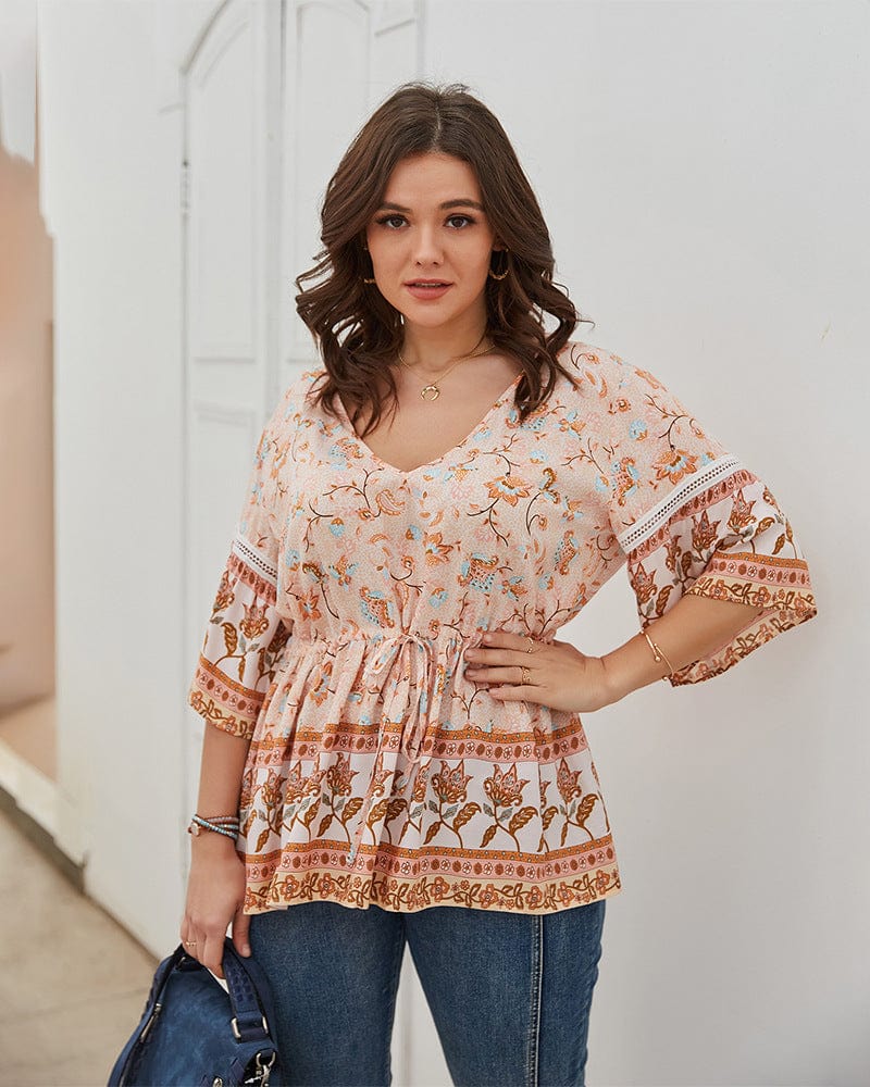 Plus Boho Tie Waist Blouse - Image 3