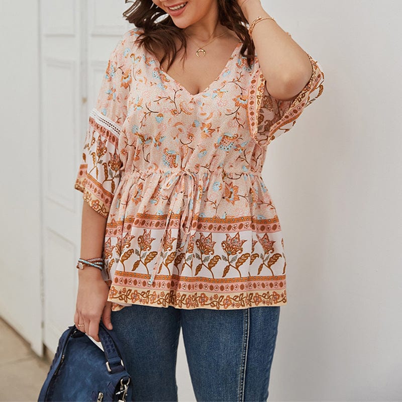 Plus Boho Tie Waist Blouse - Image 5