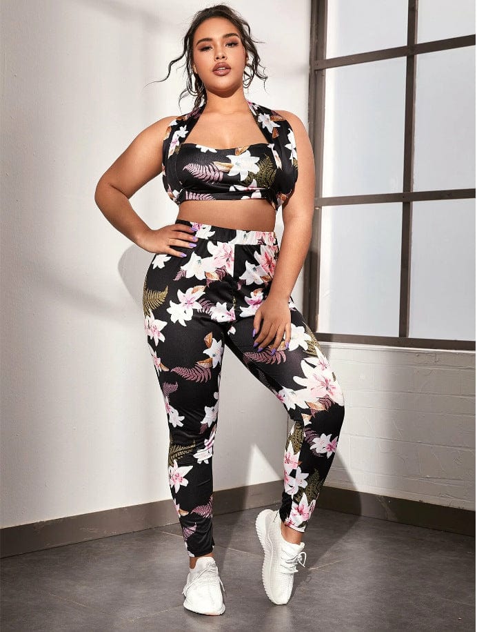 Plus Floral Halter Sports Bra and Leggings Set - Image 3
