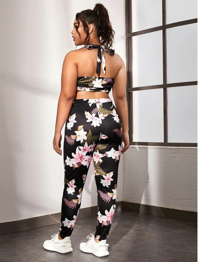 Plus Floral Halter Sports Bra and Leggings Set - Image 4