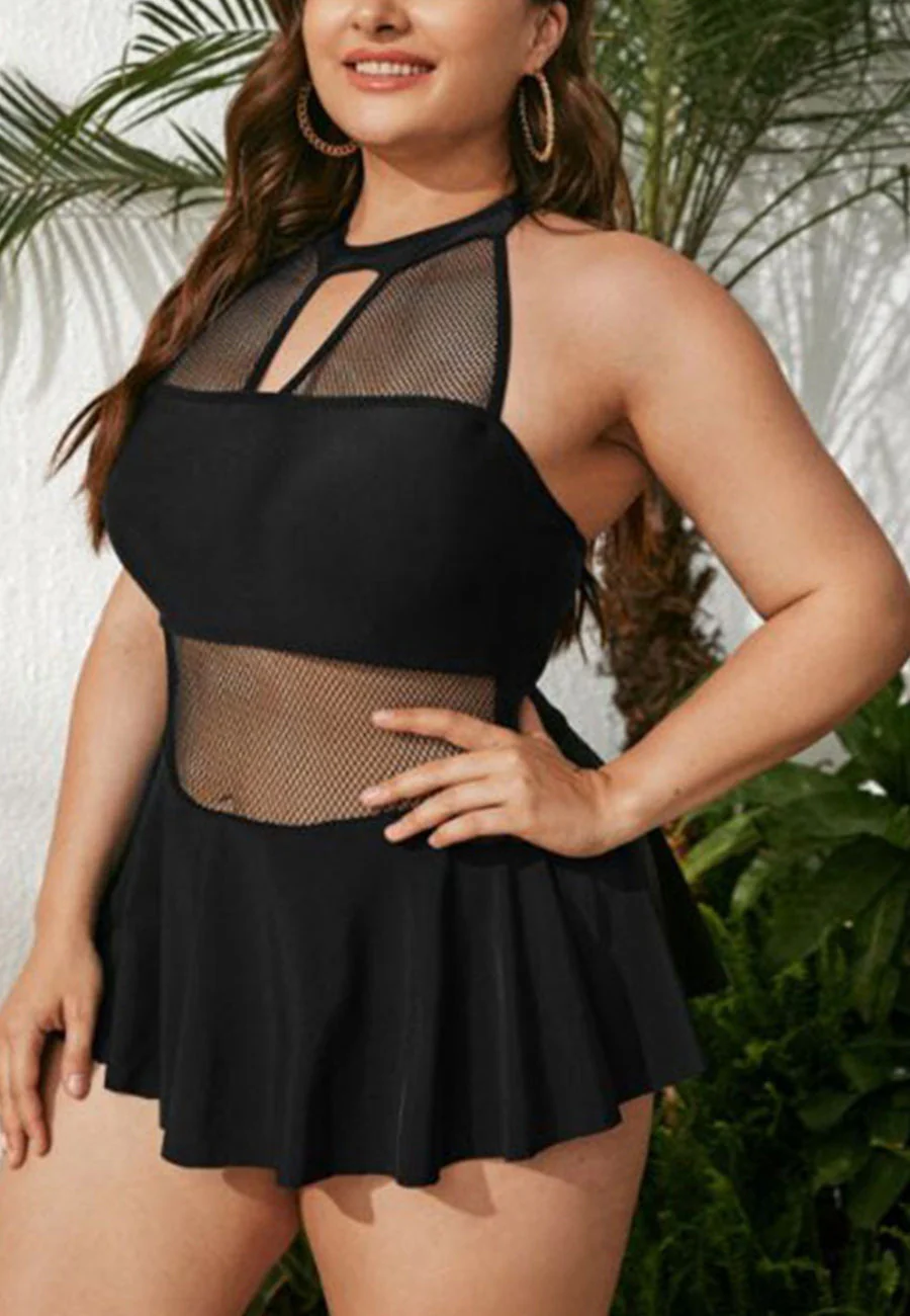 Plus High Halter Mesh Paneled Ruffled Skirt One-Piece - Image 3