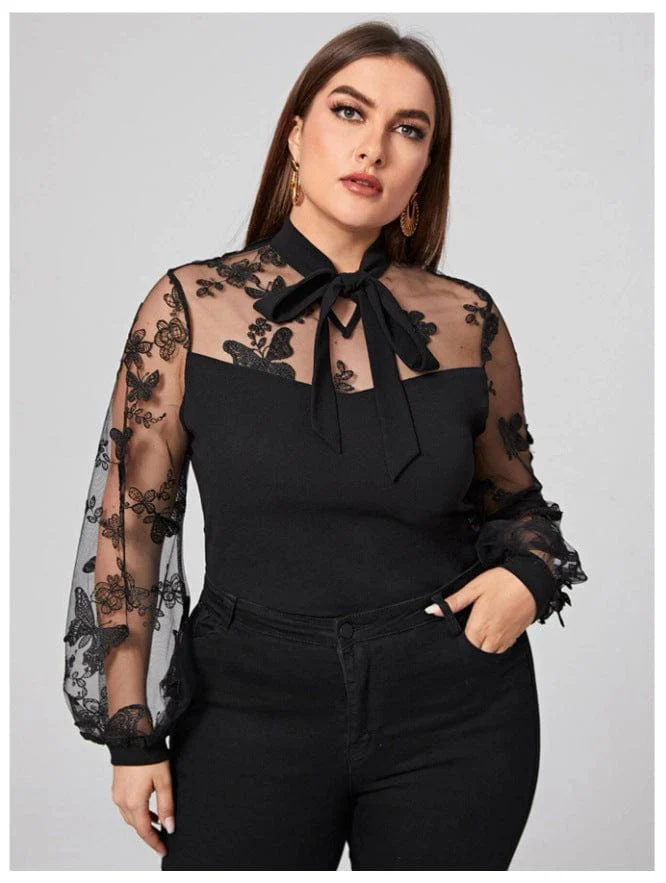 Plus Mesh Butterfly Detail Blouse