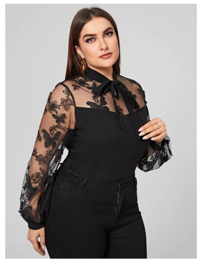 Plus Mesh Butterfly Detail Blouse - Image 2